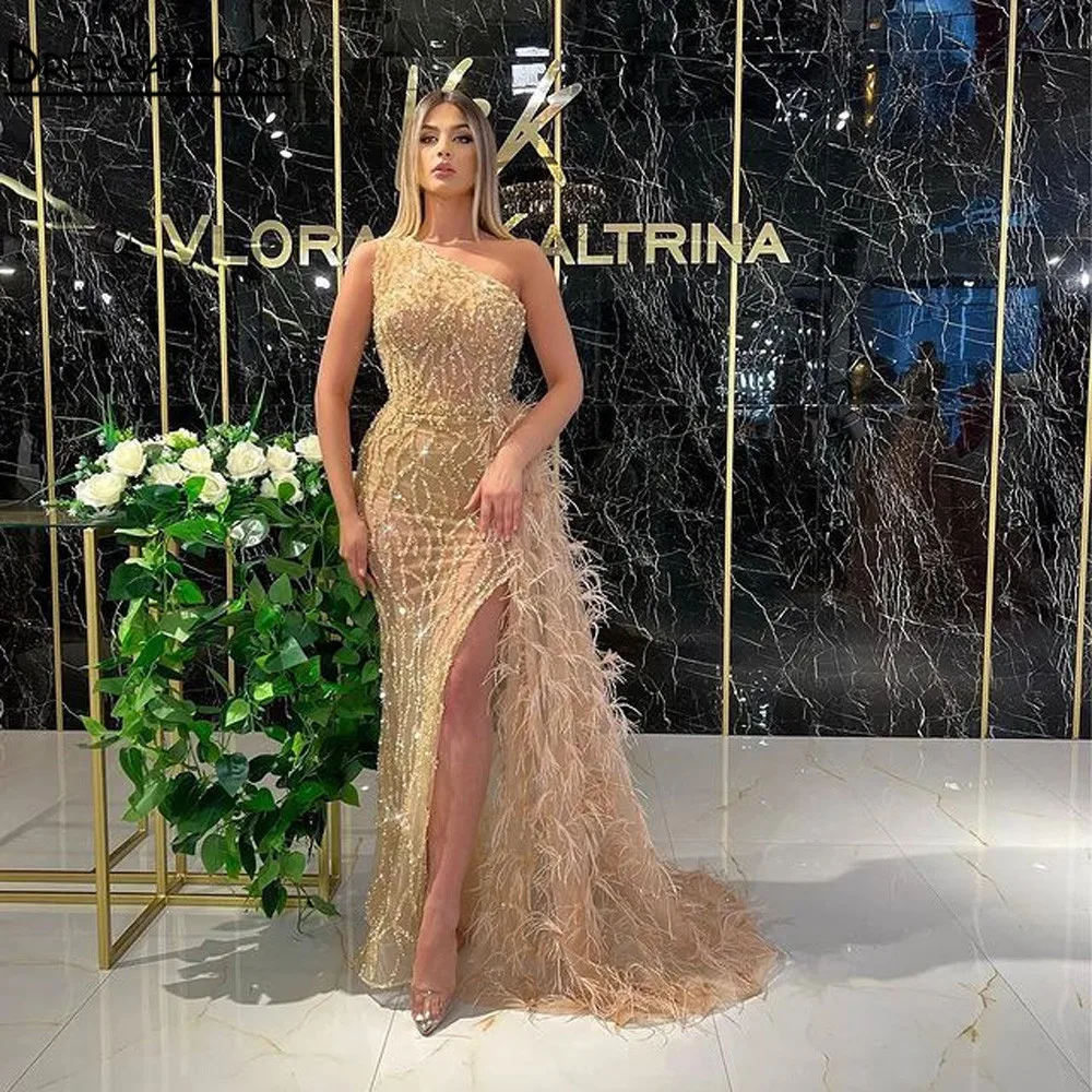 

Gold Luxury One Shouder Split Evening Dresse Gowns 2022 Elegant Mermaid Beading Feathers For Women Party