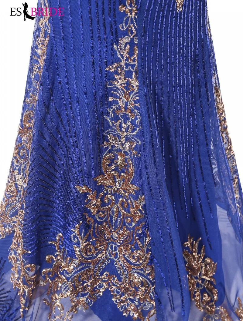 Royal Blue Evening Gown Gold Shiny Bead Piece Evening Dress Formal Mermaid Long Robe De Soiree Special Occasion Dresses ES2607
