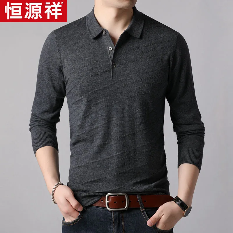 

HYX Genuine Product Fold-down Collar Long-sleeved T-shirt Autumn New Style Middle-aged Solid Color Knitted Wool T-shirt Base Men