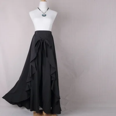 New Women's Casual Trousers Skirt European And American Style Irregular Ruffles Maxi Skirt Bow Tie High Waist Long Skirt - Color: Black