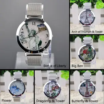 

Women Floral Pattern Round Case Mesh Steel Band Quartz Wrist Lady Watch / Big Ben Style