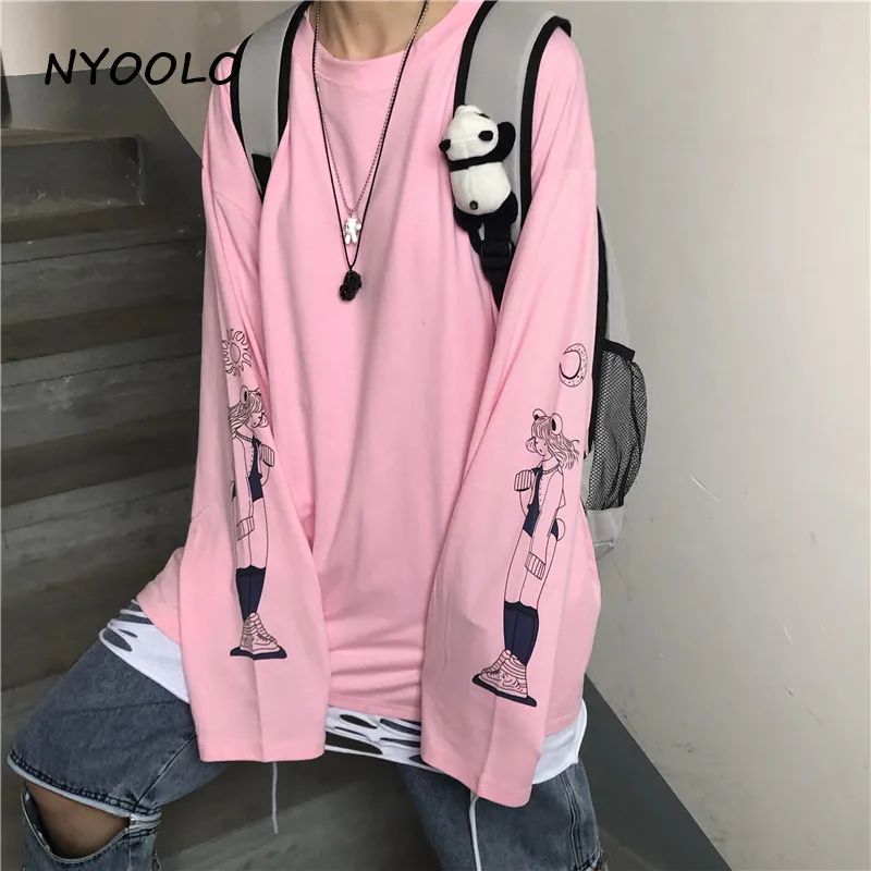 NYOOLO Harajuku стиль мультфильм девушка Солнце Луна рукав печати розовый Топы осень уличная одежда с длинным рукавом o-образным вырезом Футболка женская ткань