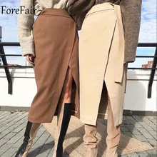 Forefair бандажная офисная юбка средней длины с высокой талией, замшевая длинная осенне-зимняя женская юбка на шнуровке, элегантная повседневная юбка