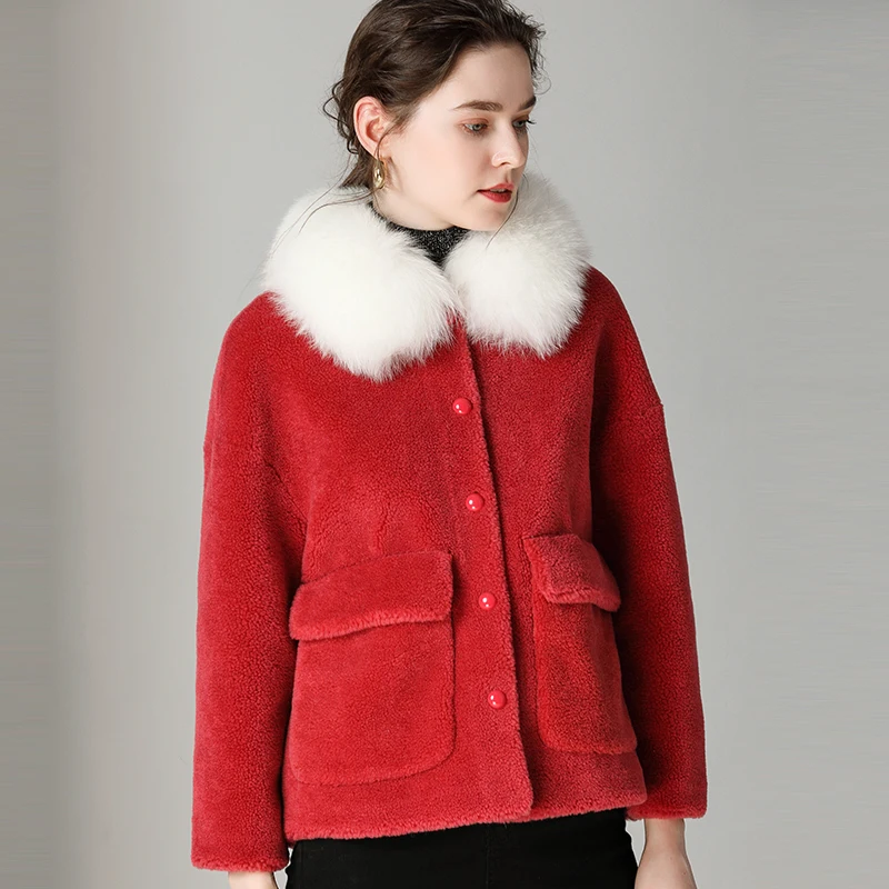 

Fox Fur Collar 100% Wool Jacket Real Fur Coat Autumn Winter Coat Women Clothes 2020 Korean Vintage Sheep Shearing Tops ZT3642