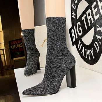 

2019 High Slip On Mid-Calf Boots Pumps Botas New Women Boots Pointed Toe Elastic Mujer High Boots Zapatos Muje