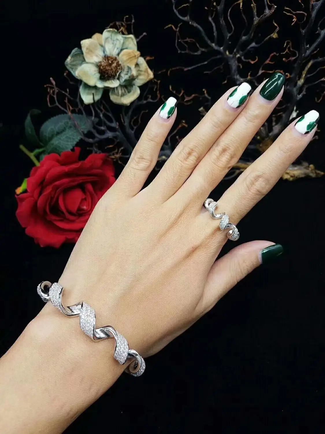 

Accking Wave Bangle Ring Set Jewelry Sets For Women Wedding Cubic Zircon Crystal CZ Dubai Bridal Jewelry Set