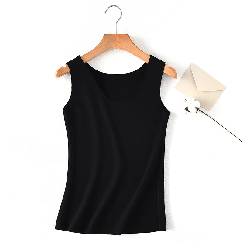 Autumn Winter Basic Women Tank Top Solid Color Stretch Seamless Thermal Warm Lined Round Neck Sleeveless Casual Bodycon Tops
