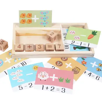 

Montessori Wooden Math Arithmetic Cubes Puzzle Cartoon Cards Preschool Early Learning Toy For Kids Gift