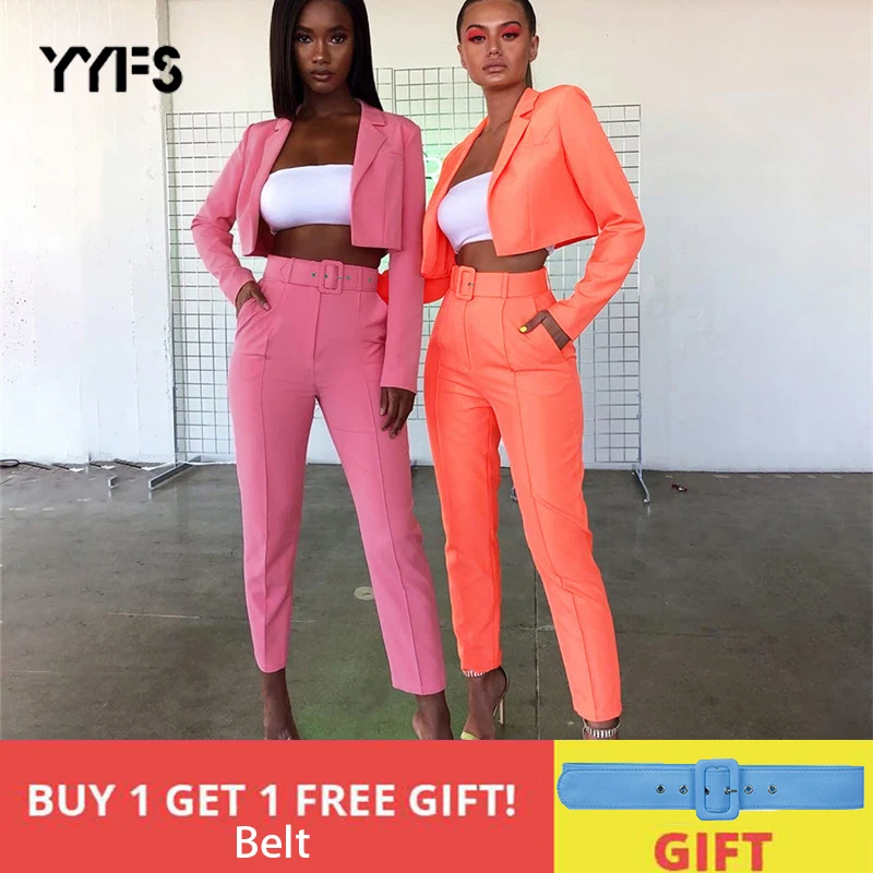 

Womens Formal Suits Casual Blazer Coat +Long Pant 2 Pcs Set Office Sets Fluorescence Neon Yellow Suit 2019 Sexy Sets For Women