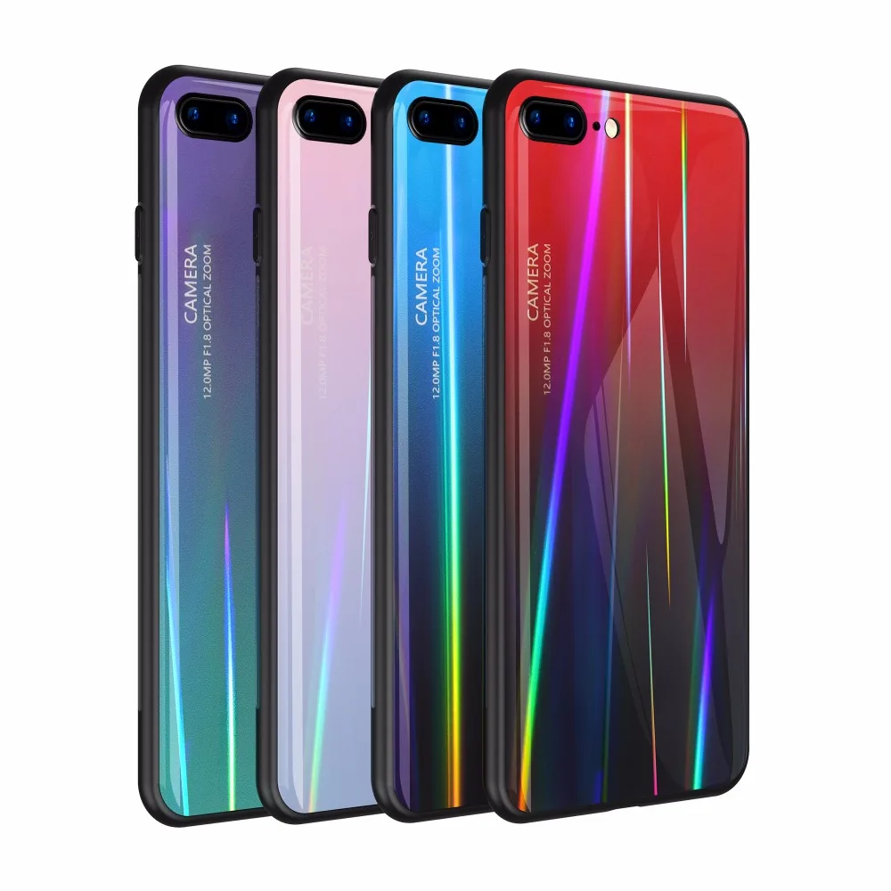 Лазерное закаленное стекло чехол для iPhone 7 8 6 6S Plus X XR XS MAX laser Aurora градиентная красочная задняя крышка ударопрочный чехол Fundas