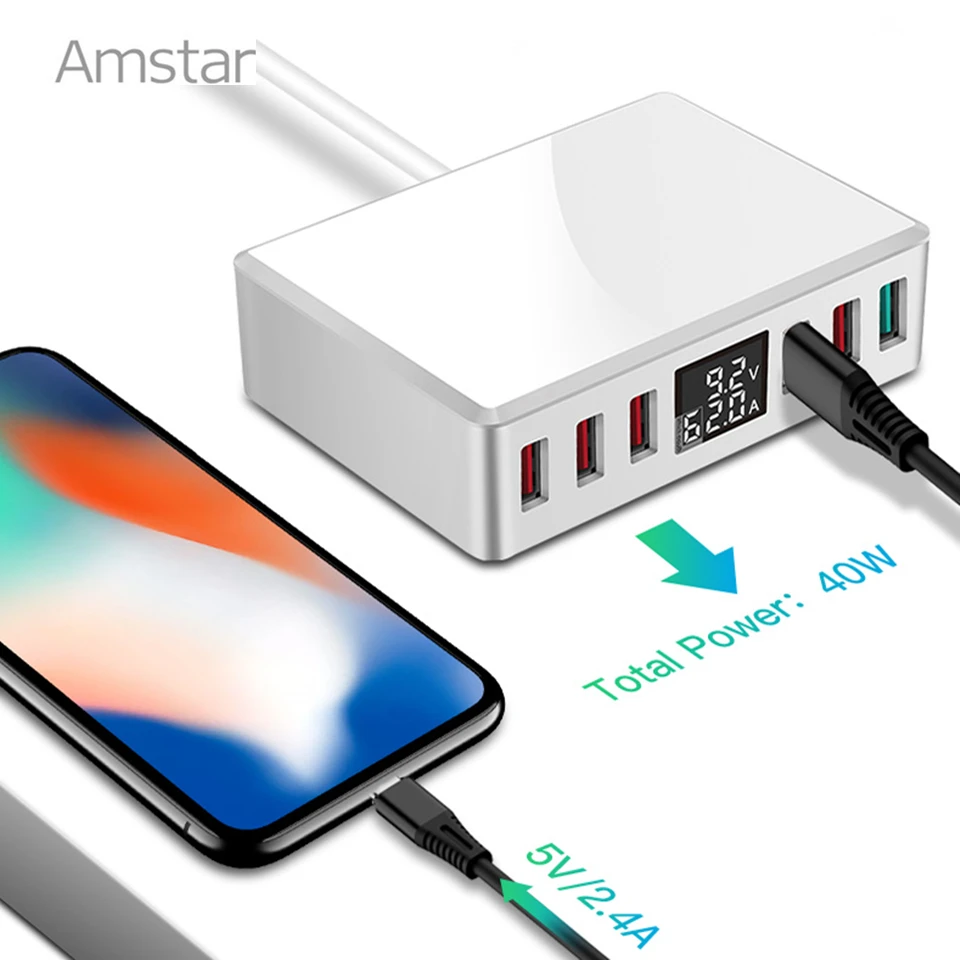 Amstar 40 Вт Quick Charge 3,0 USB Зарядное устройство адаптер 6-Порты Led Дисплей QC3.0 USB телефон Зарядное устройство для iPhone samsung huawei Xiaomi