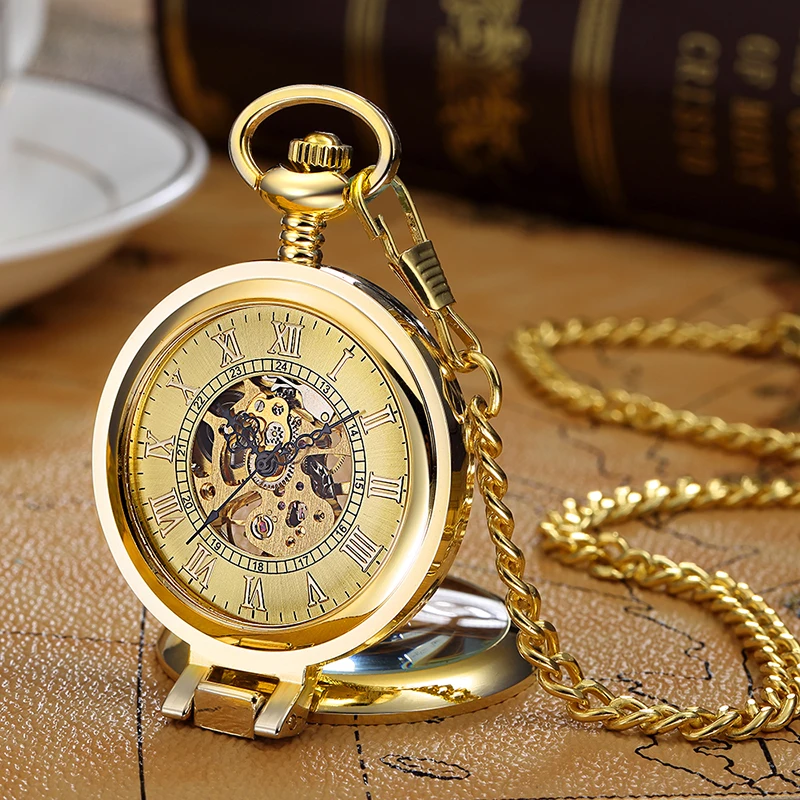 Transparent Automatic Mechanical Pocket Watch Roman Numerals Clock Men Women Luxury Silver Cover Chain Relogio De Bolso