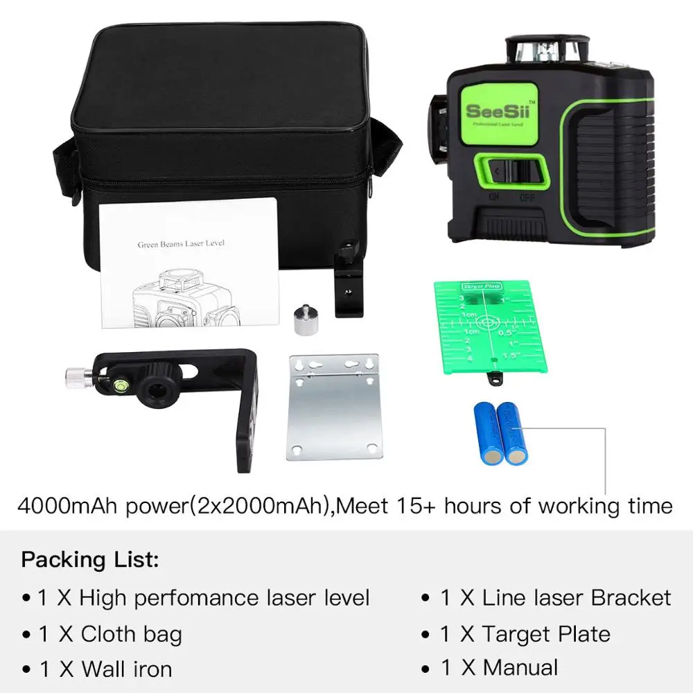 Self-Leveling Green Beam Horizontal Vertical Seesii Laser Level 2X 360/° Cross Line