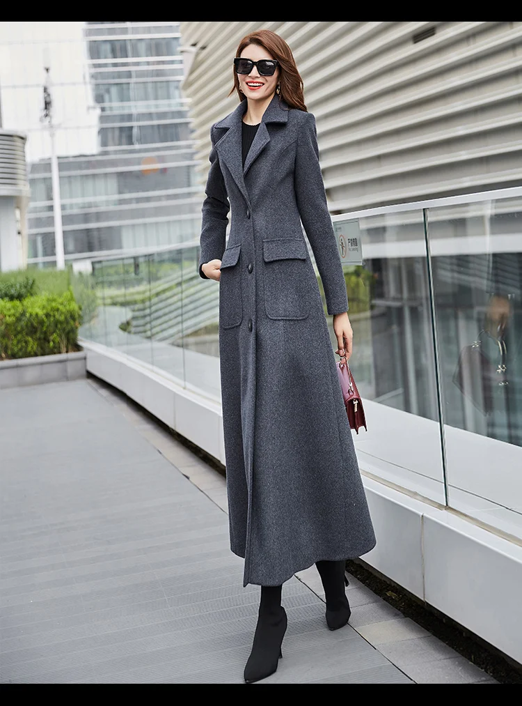 Autumn New Elegant Slim Dark Gray Thicken Wool Coat Female Turn-down Collar Single-breasted Outwear Plus Size Winter Long Coat