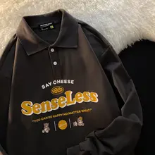 T shirt manches longues à col Polo pour homme et femme, ample, avec lettres d'ours de dessin animé imprimées, style rétro japonais, vêtements de couple, nouvelle collection automne