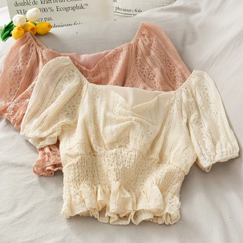 

summer new v-neck lace solid women blouse v-neck puff sleeved short high waist elastic female pulls tops tees