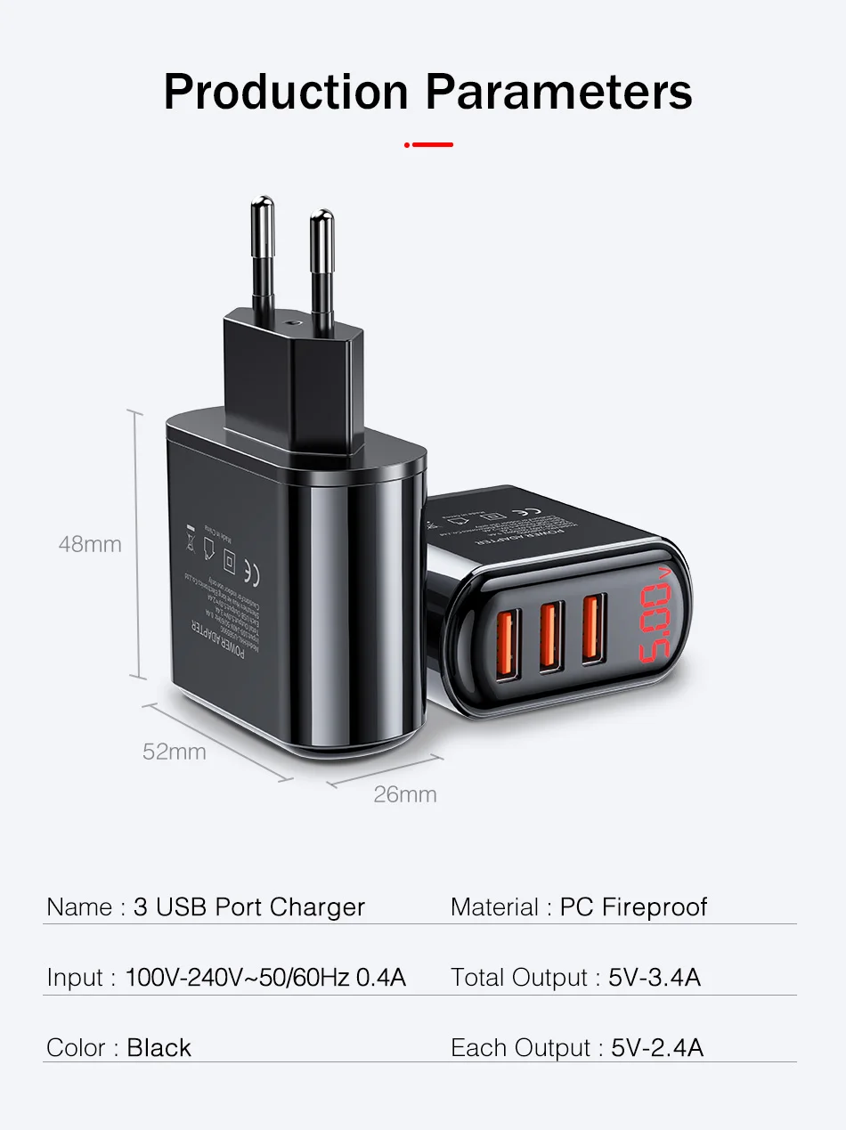 Зарядное устройство для iPhone 11 Pro/Samsung S20 3 порта USB 0 со светодиодным дисплеем 1