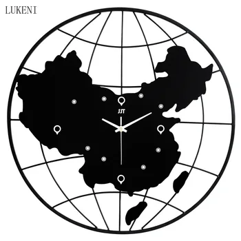 

Round Personality Map Wall Clock Modern Design Living Room Wrought Iron Creative Bedroom Mute Quartz Wall Clock