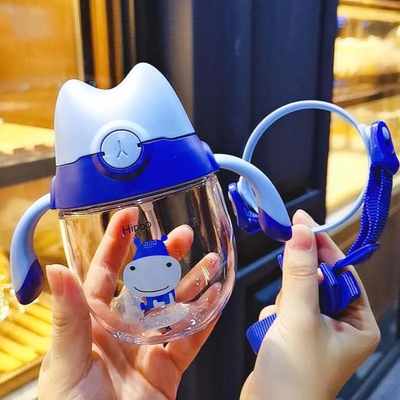 X1013 Blue 2 Use Baby Water Bottle with Straw 300ML Baby Sippy Cup Infant Feeding Bottle with Handle&Sling Drinking Bottle Training Cup - Цвет: X1013 Blue