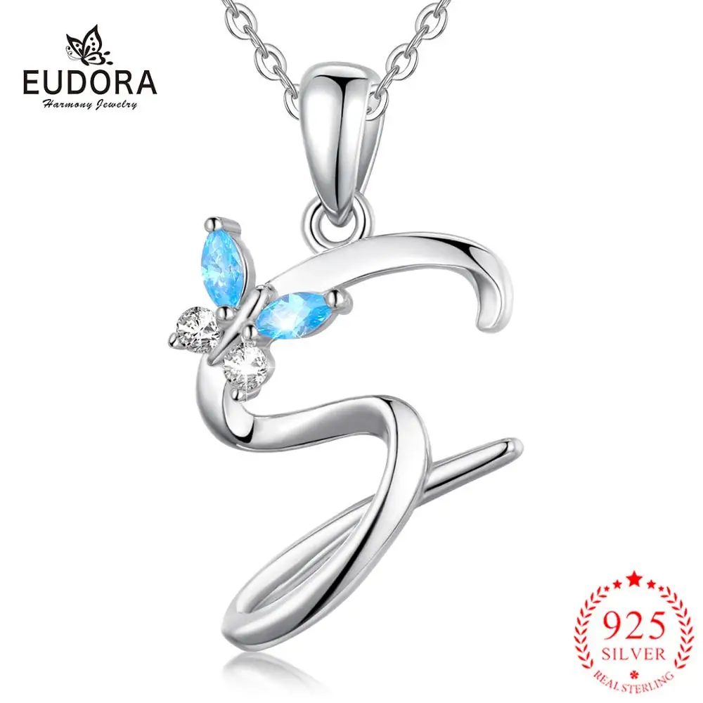 925 Sterling Silver Letter S Pendant Initial A Alphabet 8 Letters Necklace with blue crystal butterfly Jewelry CYD109-2