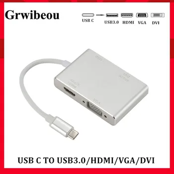 

Grwibeou USB 3.1 HUB 4 in 1 USB C Type C to HDMI VGA DVI USB 3.0 Adapter Cable for Laptop Apple HUB Splitter USB C Converter HUB