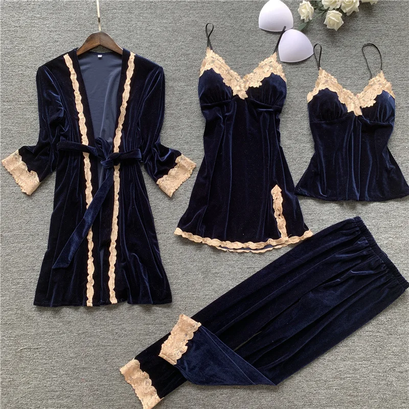 4PCS Women Pajamas Sets with Pants Ladies Nightgown Bathrobe Sexy Pyjama Velvet Homewear Negligee Sleepwear Pyjamas Clothing