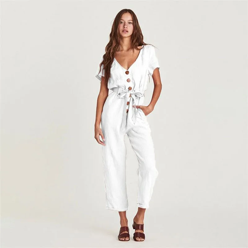 

Summer 2020 Latest Fashion Casual Sweet Cute V-neck Elastic Waist Full-length Thin Jumpsuit Woman Rompers Fashion Woman Clothes