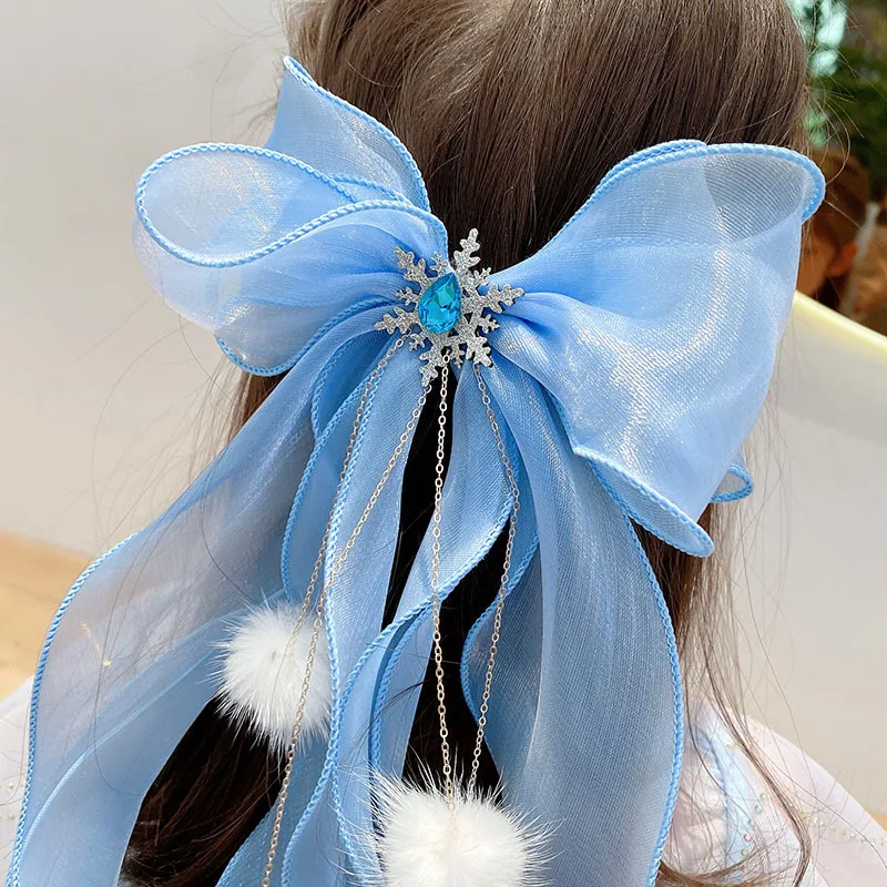 Prinzessin Pompom Haarnadeln Große Blaue Schleifen Haarspange für Kinder Kinder Langes Band Entenschnabel Clip Mädchen Schule Haarklammern Kopfbedeckung Geschenk – Detail 3