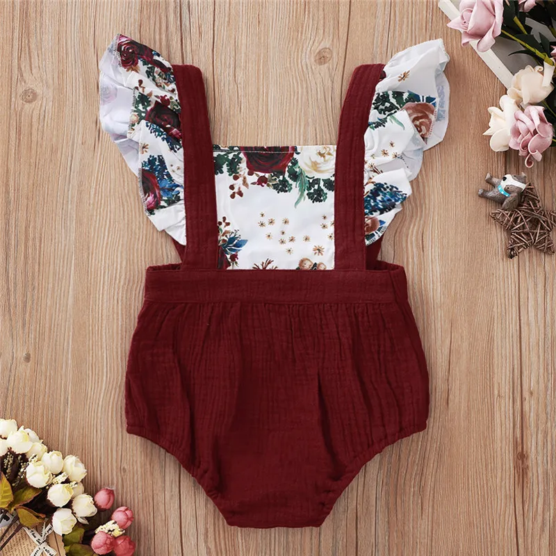 

2020 Babys Flower Ruffles Jumpsuits Girls Cool Flying Sleeve Backless Triangle Wrapped Romper Summer One Piece Suits