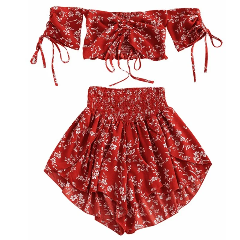 Off Shoulder Cinched Floral Women Set Summer Slash Neck Short Sleeves Crop Top High Waist Shorts Set Beach Boho Suits