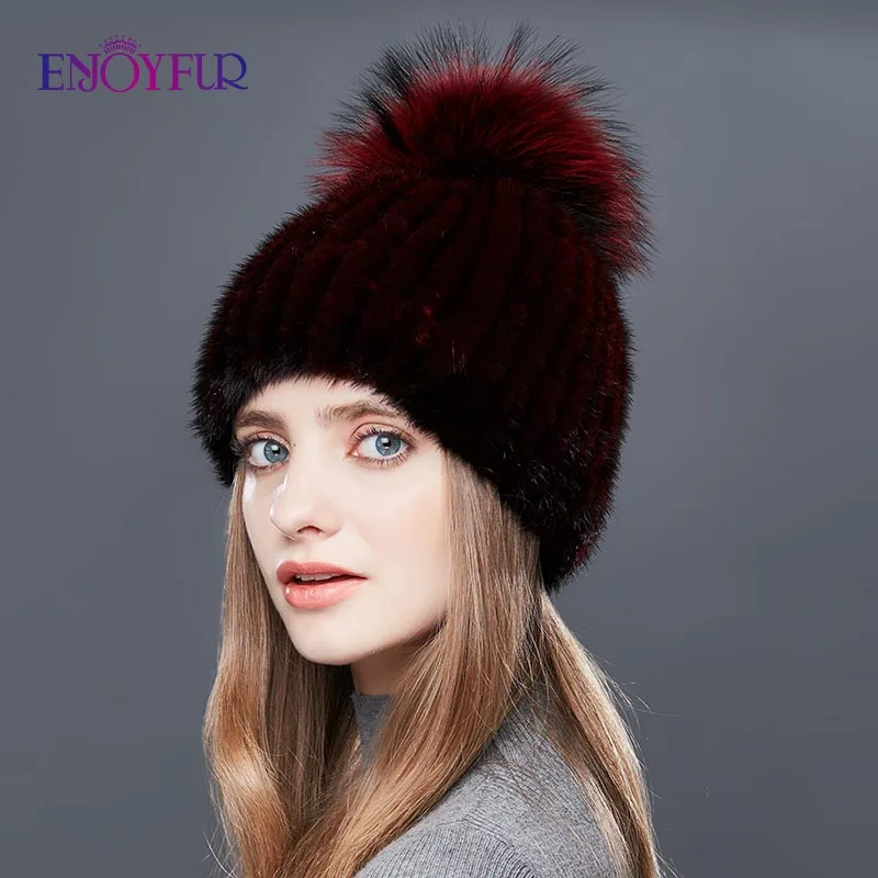 Женская шапка с помпоном ENJOYFUR, теплая толстая шапка бини из натурального меха норки на зиму