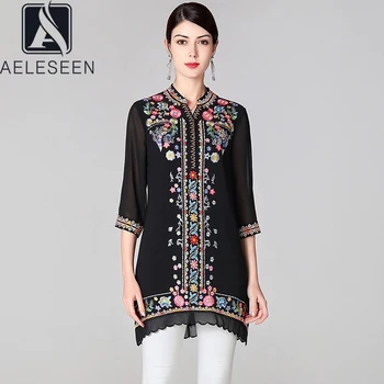 

AELESEEN Luxury Chiffon Blouse 2020 Spring Summer Runway Fashion Black Blouse Flower Embroidery Loose White Plus Size Blouse