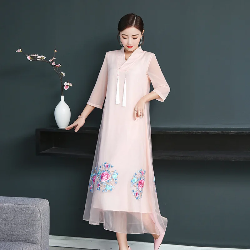 

Photo Shoot 2019 Spring Summer New Style V Collar Embroidery Tassel Shall Loose And Plus-sized Dress
