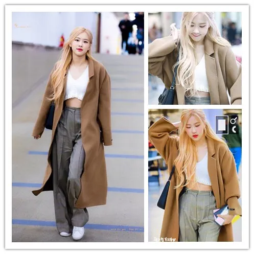 Kpop корейский стиль знаменитостей такое же шерстяное Женское пальто Длинная