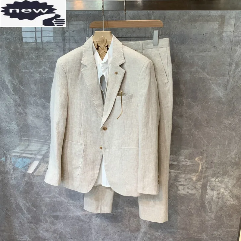 

Korean Linen Slim Blazer Men Fashion Solid Single Breasted Suit Jacket Lapel Party Wedding Formal Short Coat Male M-3XL