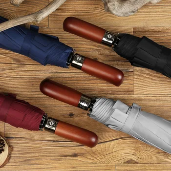 

Wooden handle Automatic umbrella Three-folding umbrella for men 210T 10 Bones Bigger parapluie folding women Umbrella rain women