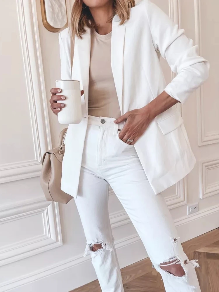 Destino formal Infrarrojo Blazer blanco de manga larga para mujer, chaqueta clásica minimalista con  muescas, elegante, para oficina, primavera y otoño|Chaquetas| - AliExpress