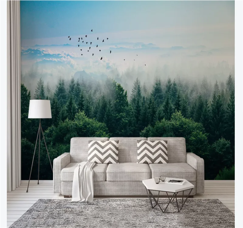 Пользовательские обои настенные украшения живопись Скандинавский минималистский туман лес дальние Горные Птицы задний план стены