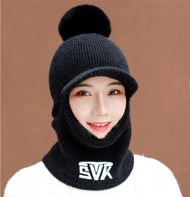 

2019 Knit Short Plush Hooded Scarf Women Hat And Scarf Woman Winter Warm Protection Ear Pom Pom Letter Cap Scarves Lady Brim Hat