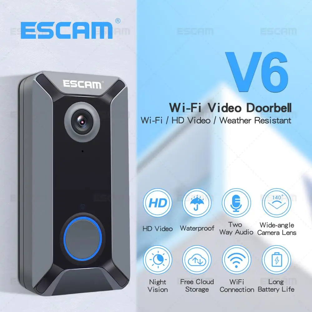 

ESCAM V6 720P Wireless Battery Video Doorbell IR Camera Free Cloud Storage Waterproof 140 Degree View - Option 1/2