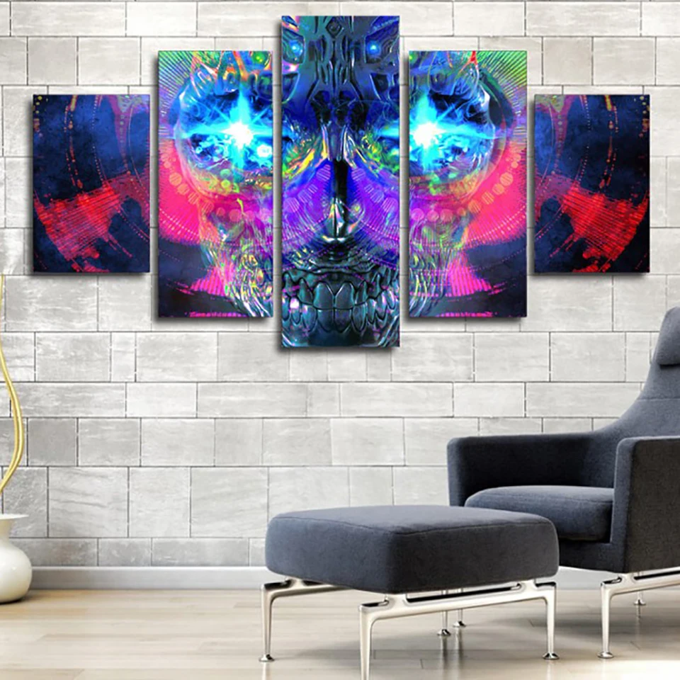 

Framed Painting Home Decor Living Room 5 Panel Psychedelic Artistic Skull HD Printed Canvas Modular Pictures Poster Wall Art