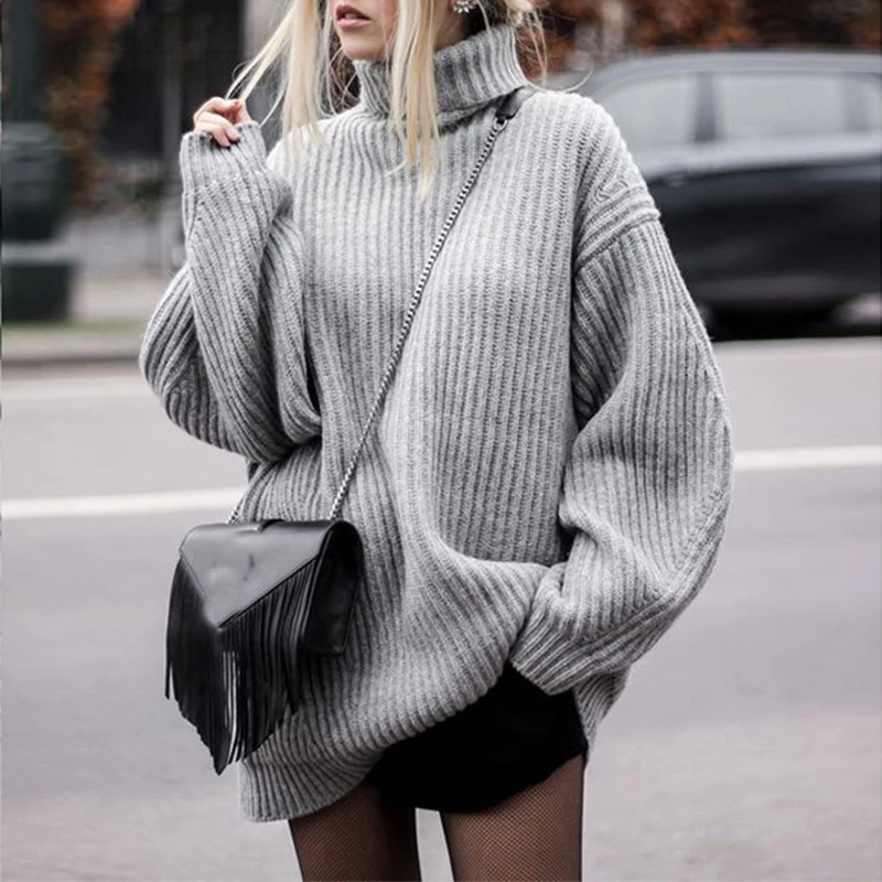 

Autumn Winter Woman Knitted Sweaters Turtleneck Lantern Long Sleeve Loose Solid Pullovers Tops Holiday Vacation Tops