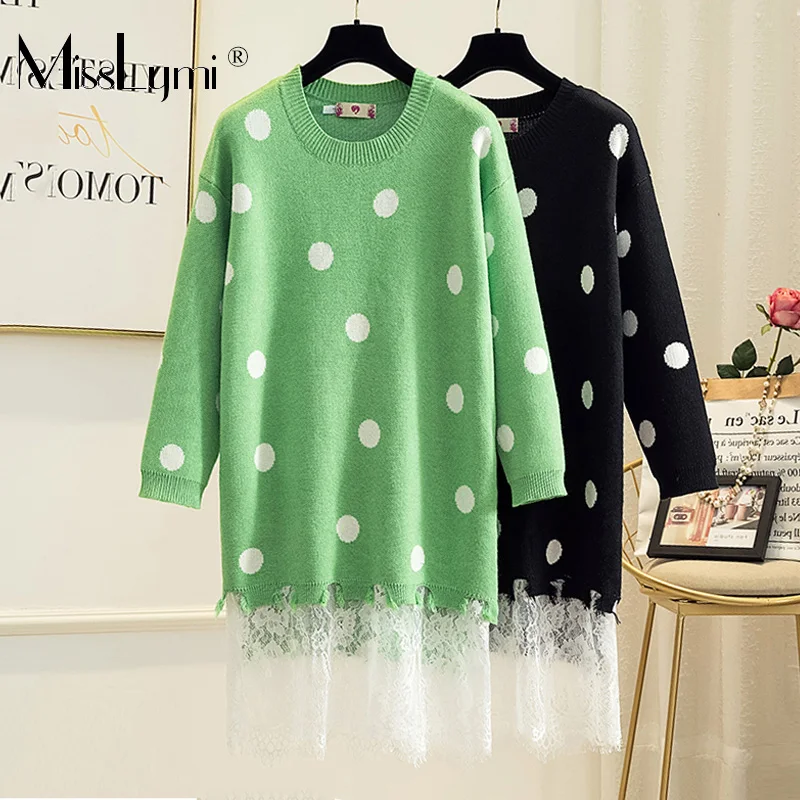 

L-4XL Plus Size Women Vintage Polka Dot Sweater Dress Autumn Winter 2019 Long Sleeve Patchwork White Lace Sweet Knitted Dresses