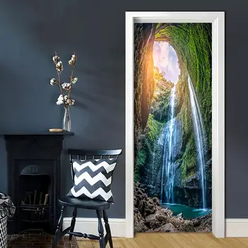 

Repeatable Paste Door Sticker Waterfall Scenery PVC Wallpaper 3D Simulation Door Wall Sticker 3D Door Sticker Home Decor