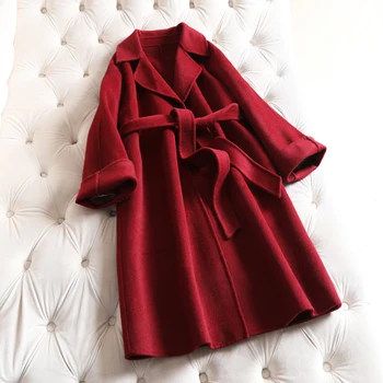 

2018 winter new double-sided cashmere coat whom long wine red cloth coat thin loose bathrobe