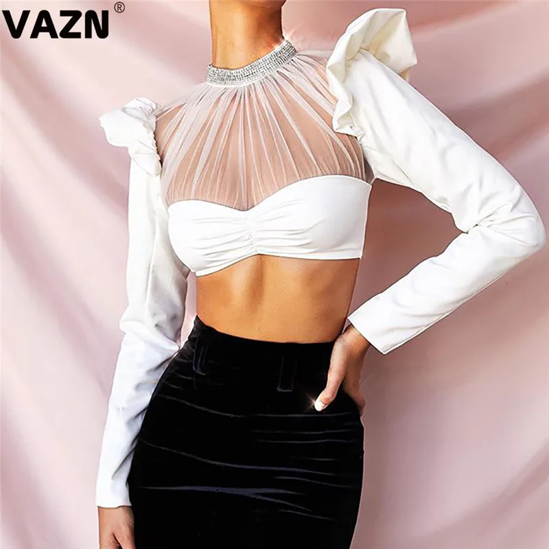 VAZN новая однотонная белая Сексуальная Женская Весенняя футболка с длинным рукавом и круглым вырезом Кружевная футболка Офисная Женская одежда для работы Футболка - Цвет: Белый