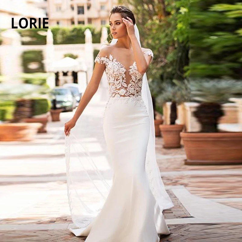 LORIE/кружевное платье с аппликацией и юбкой-годе, свадебное платье с открытой спиной, платье с открытыми плечами, мягкое атласное свадебное платье, Новые свадебные платья