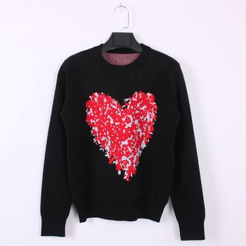 

Runway Heart + Butterfly Print Women Pullover Sweater Autumn Winter Long Sleeve Female Contrast Color Knitted Top Ladies Jumper