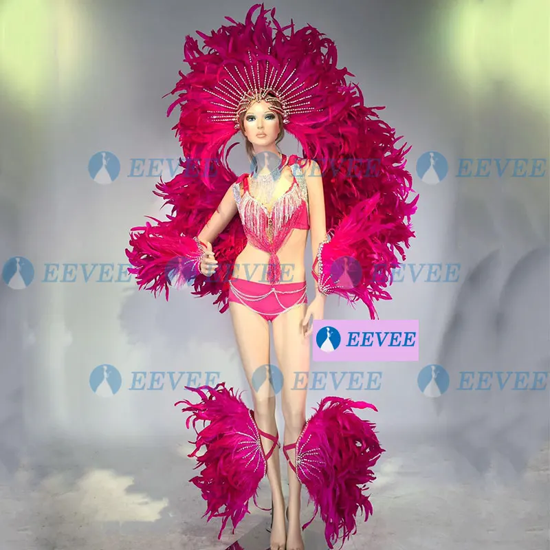 rose Red Red Feather Opening Dance Costume Set GOGO Dance outfitTeam Passion Samba Stage Performance Costume - Цвет: rose Red