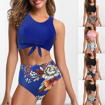 

Fashion Two-piece Swimwear Women Swimsuit Knot Top Vest Bikini Floral High Waist Bottom Bikini Set Vintage Biquini Bathing Suit